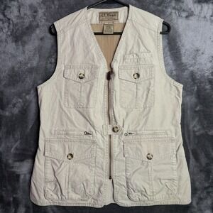 Vintage L.L. Bean Multi Pocket Utility Vest Beige Cotton Blend Fishing Size S